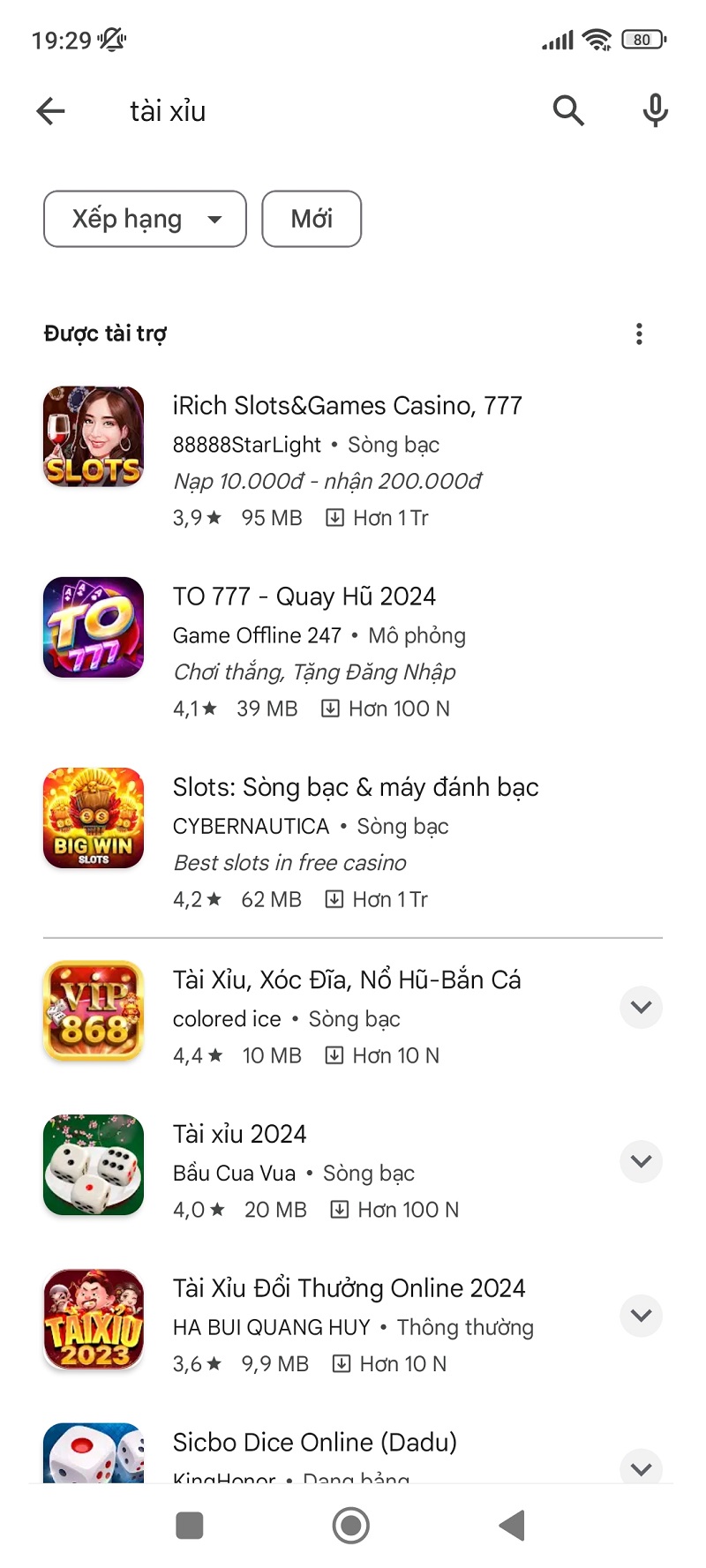 Rất nhiều app tài xỉu trên Google Play Store